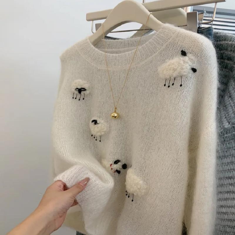 White Casual Sweater For Women 2025 New Long Sleeved O-Neck Warm Knit Pullovers Autumn Winter Korean Cute Animals Woolen Tops |